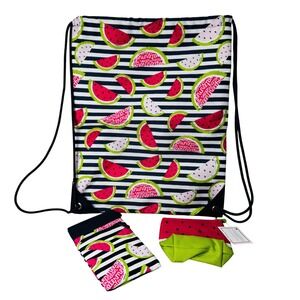 Thirty-One Watermelon Striped Bag Cinch Thermal W/ Phone Pouch Snack Bag Set NEW